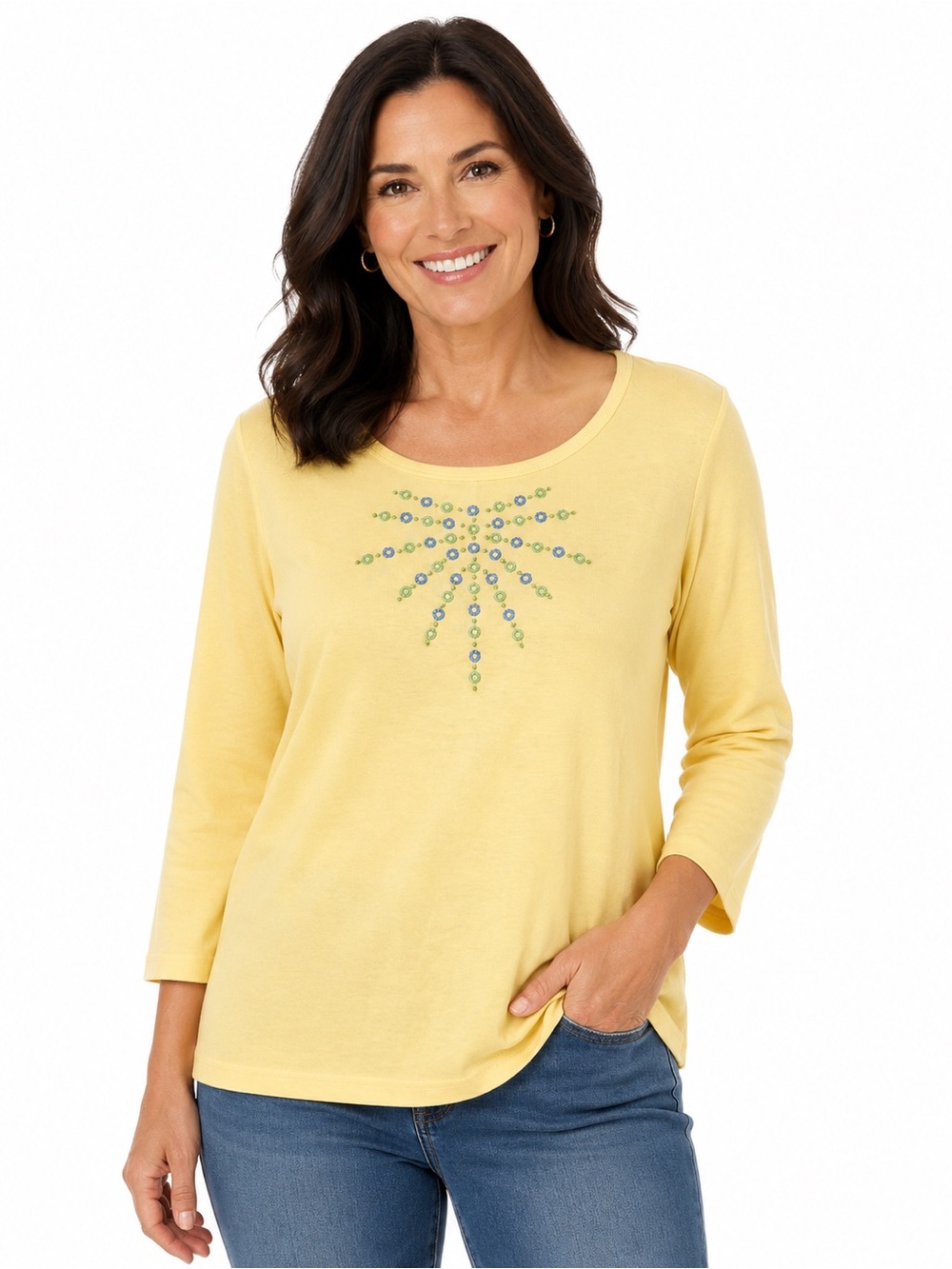 Talbots Yellow Long-Sleeve Scoop Neck Tee with Beaded Motif